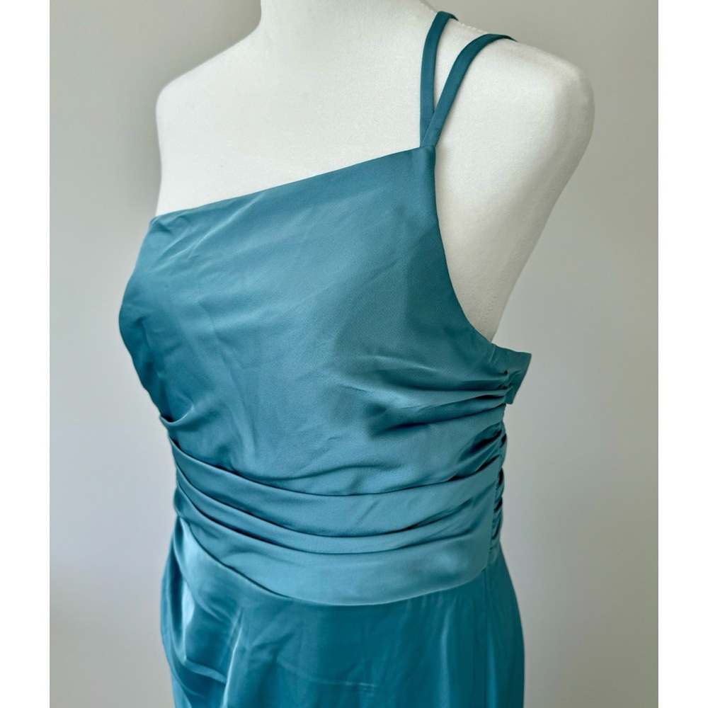 Azazie Eren Fitted One Shoulder Stretch Satin Bridesmaid Dress in Moody Blue NWT - Picture 9 of 15